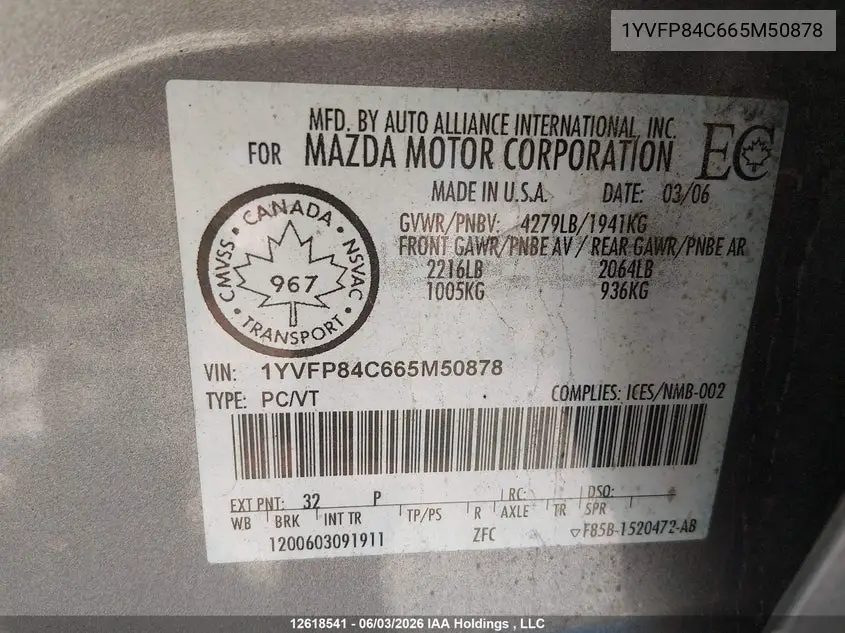 2006 Mazda Mazda6 VIN: 1YVFP84C665M50878 Lot: 12618541
