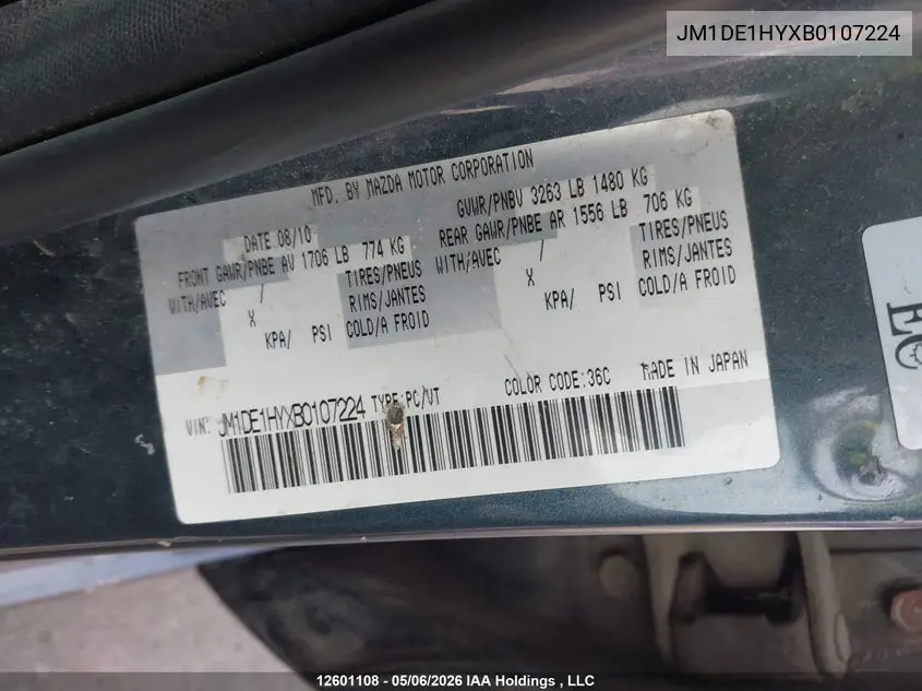 2011 Mazda Mazda2 VIN: JM1DE1HYXB0107224 Lot: 12601108
