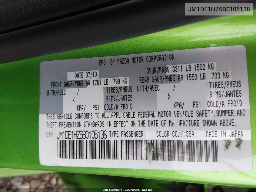2011 Mazda Mazda2 Sport VIN: JM1DE1HZ6B0105138 Lot: 45219831