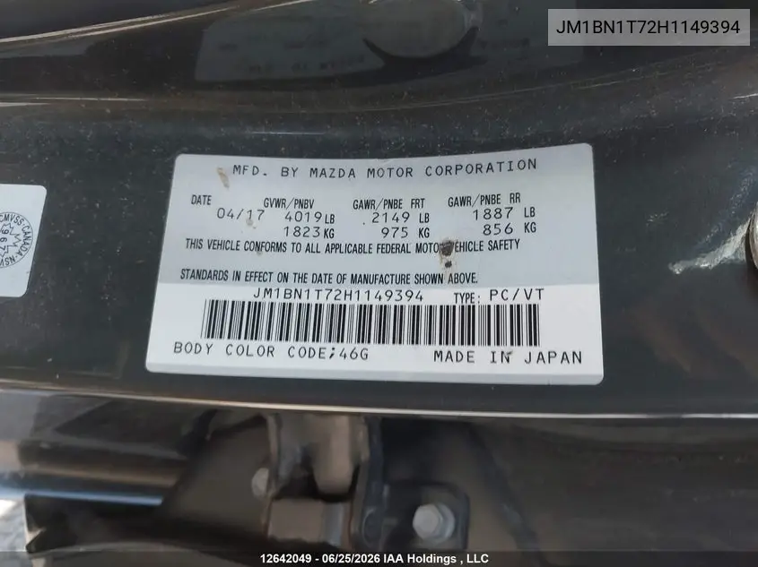 2017 Mazda Mazda3 Se VIN: JM1BN1T72H1149394 Lot: 12642049