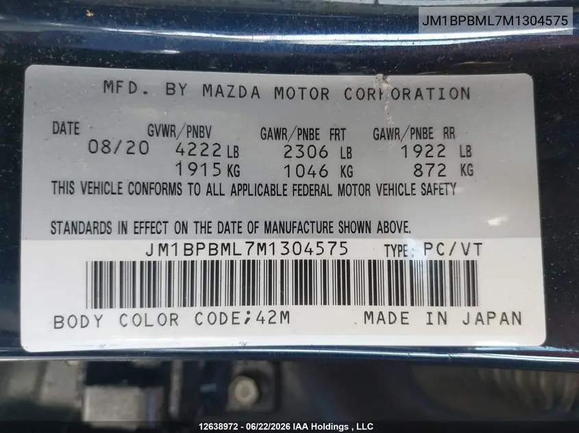2021 Mazda Mazda3 Gt VIN: JM1BPBML7M1304575 Lot: 12638972