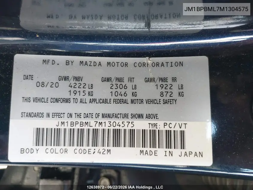 2021 Mazda Mazda3 Gt VIN: JM1BPBML7M1304575 Lot: 12638972