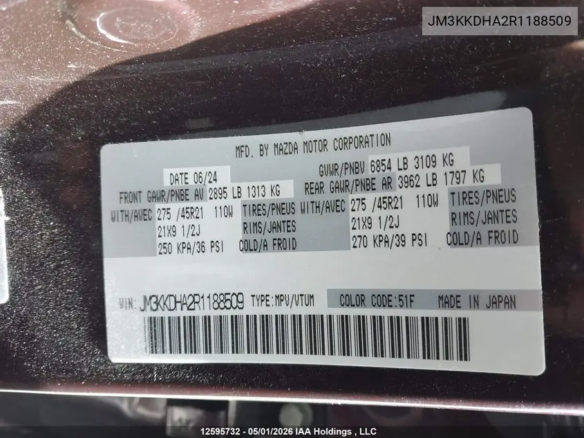 2024 Mazda Cx-90 Phev Gt VIN: JM3KKDHA2R1188509 Lot: 12595732