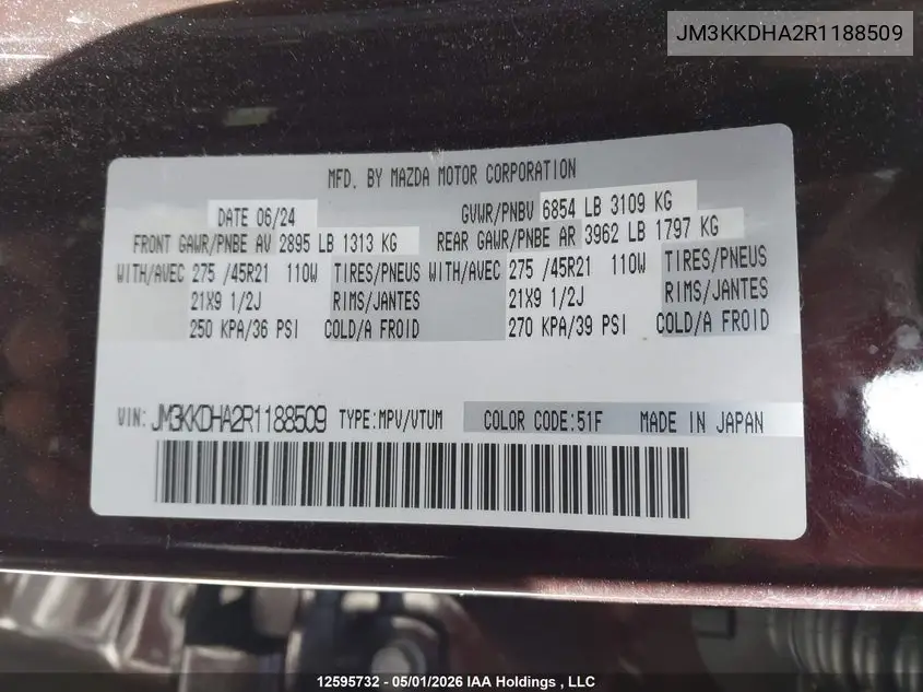2024 Mazda Cx-90 Phev Gt VIN: JM3KKDHA2R1188509 Lot: 12595732