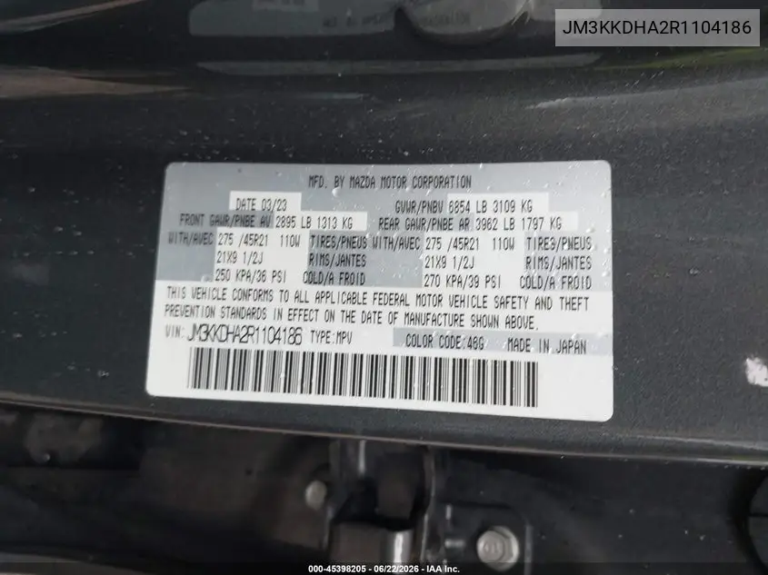 2024 Mazda Cx-90 Phev Premium VIN: JM3KKDHA2R1104186 Lot: 45398205