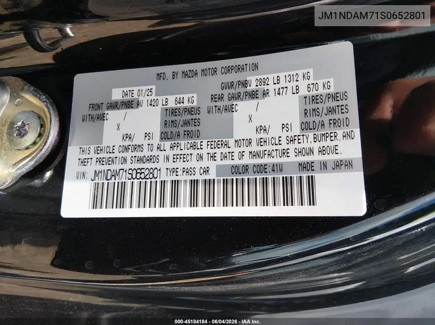 2025 Mazda Mx-5 Miata Rf Grand Touring VIN: JM1NDAM71S0652801 Lot: 45184184