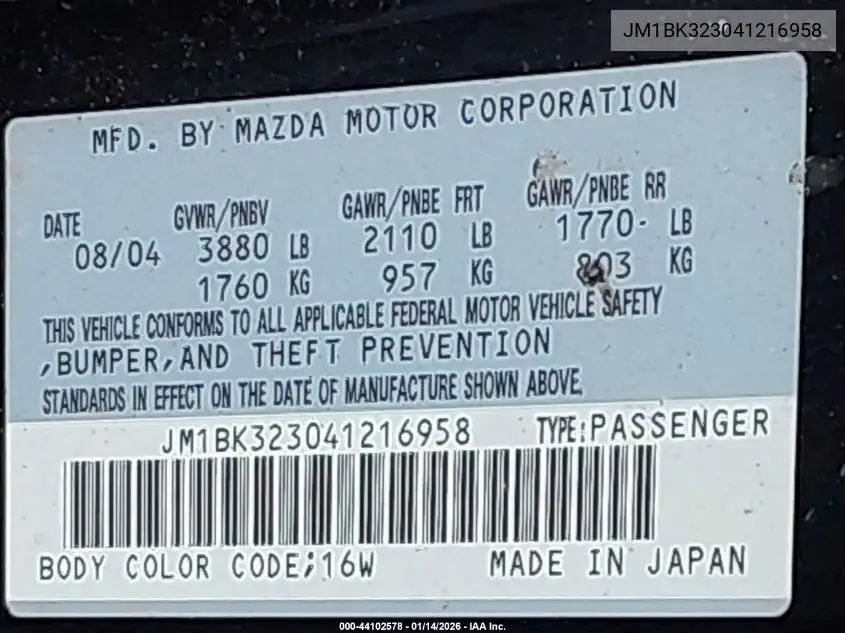JM1BK323041216958 2004 Mazda Mazda3 S