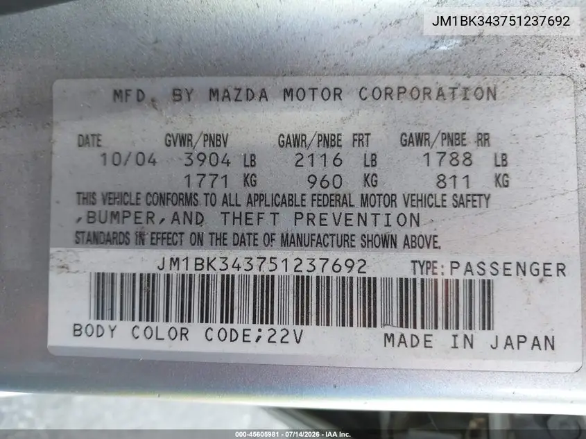 2005 Mazda Mazda3 S VIN: JM1BK343751237692 Lot: 45605981