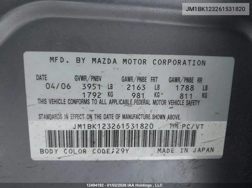 2006 Mazda Mazda3 Gt VIN: JM1BK123261531820 Lot: 12494192