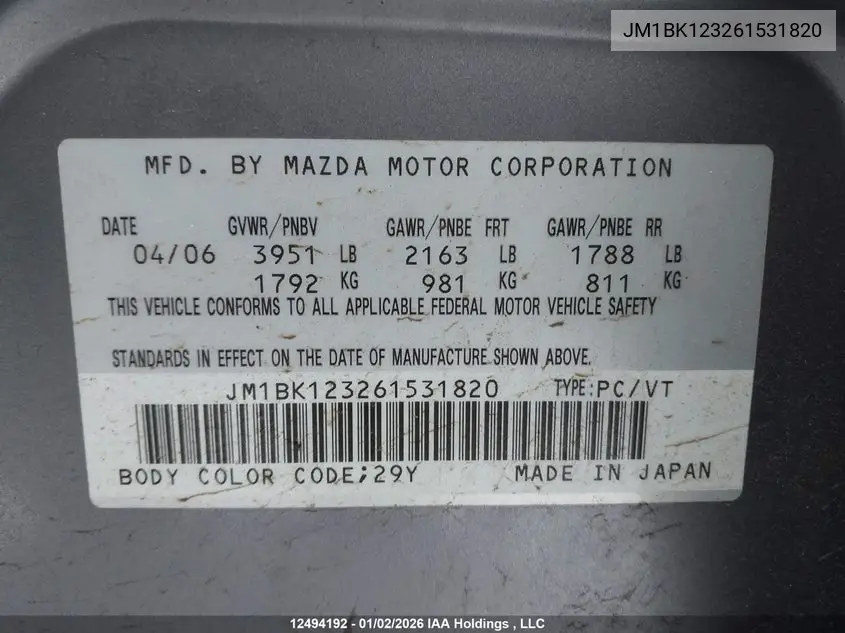 2006 Mazda Mazda3 Gt VIN: JM1BK123261531820 Lot: 12494192