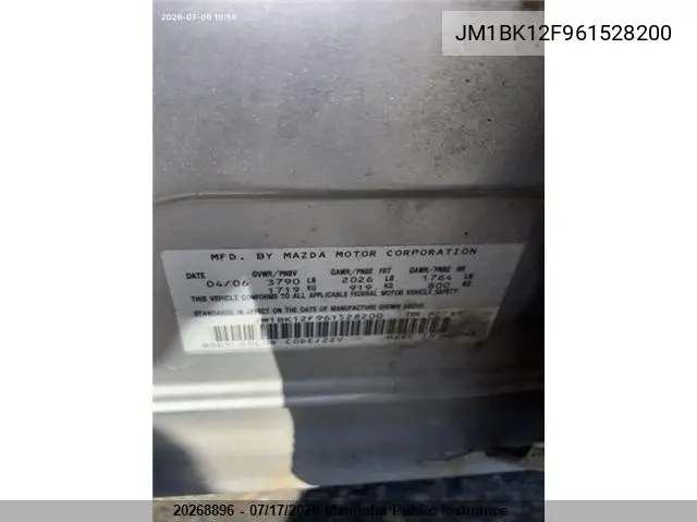 2006 Mazda 3 Mazda Gx VIN: JM1BK12F961528200 Lot: 20268896