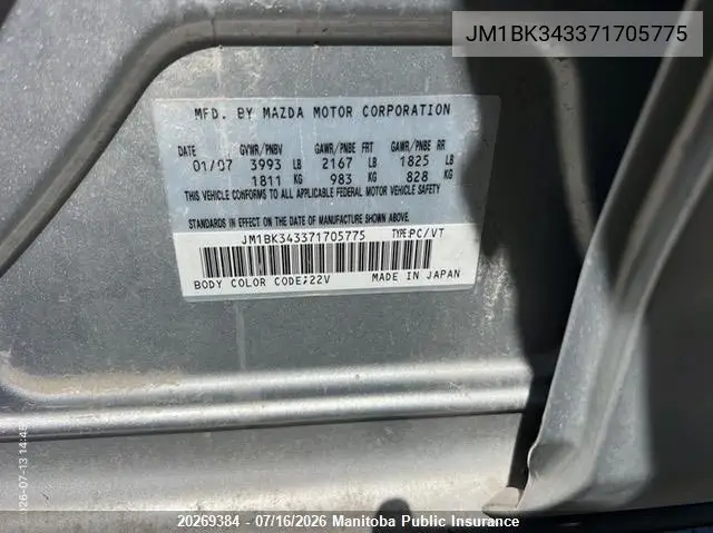 2007 Mazda Mazda3 S VIN: JM1BK343371705775 Lot: 20269384