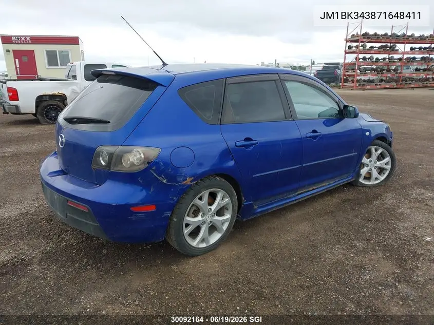 2007 Mazda 3 Hatchback VIN: JM1BK343871648411 Lot: 30092164