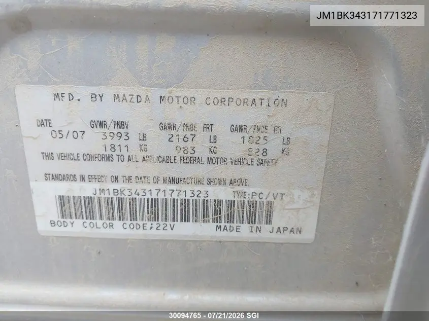 2007 Mazda 3 Hatchback VIN: JM1BK343171771323 Lot: 30094765