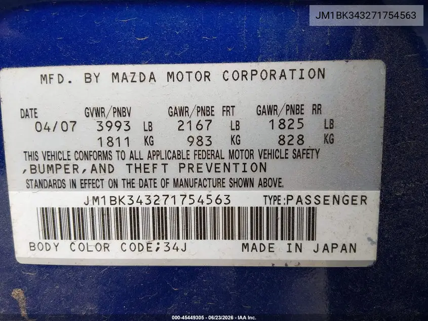 2007 Mazda Mazda3 S Touring VIN: JM1BK343271754563 Lot: 45449305