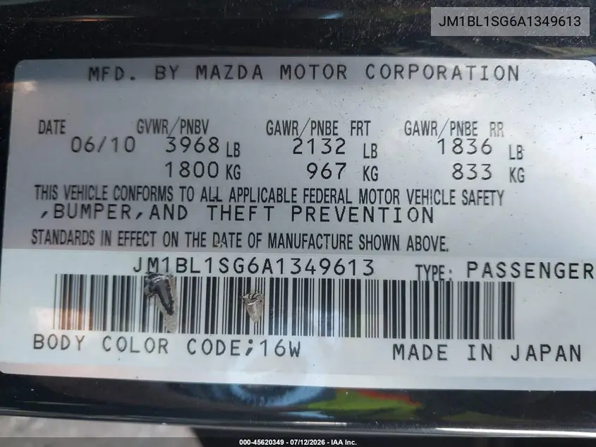 2010 Mazda Mazda3 I Touring VIN: JM1BL1SG6A1349613 Lot: 45620349