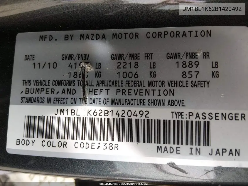 2011 Mazda Mazda3 S Sport VIN: JM1BL1K62B1420492 Lot: 45453136