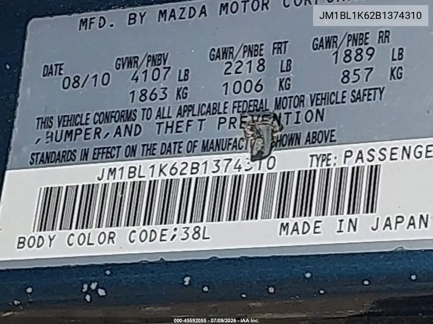 2011 Mazda Mazda3 S Sport VIN: JM1BL1K62B1374310 Lot: 45592055