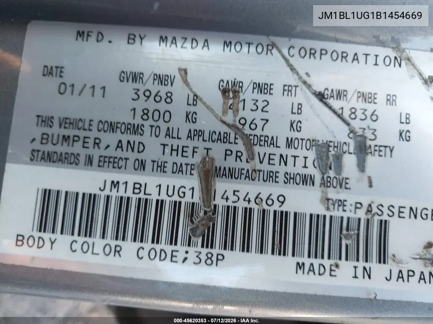 2011 Mazda Mazda3 I Sport VIN: JM1BL1UG1B1454669 Lot: 45620353
