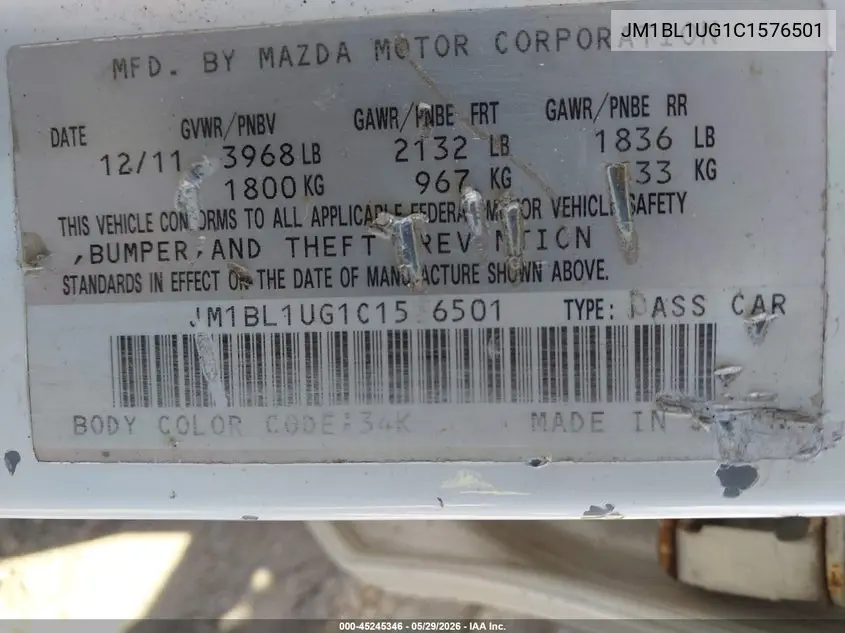 2012 Mazda Mazda3 I Sport VIN: JM1BL1UG1C1576501 Lot: 45245346