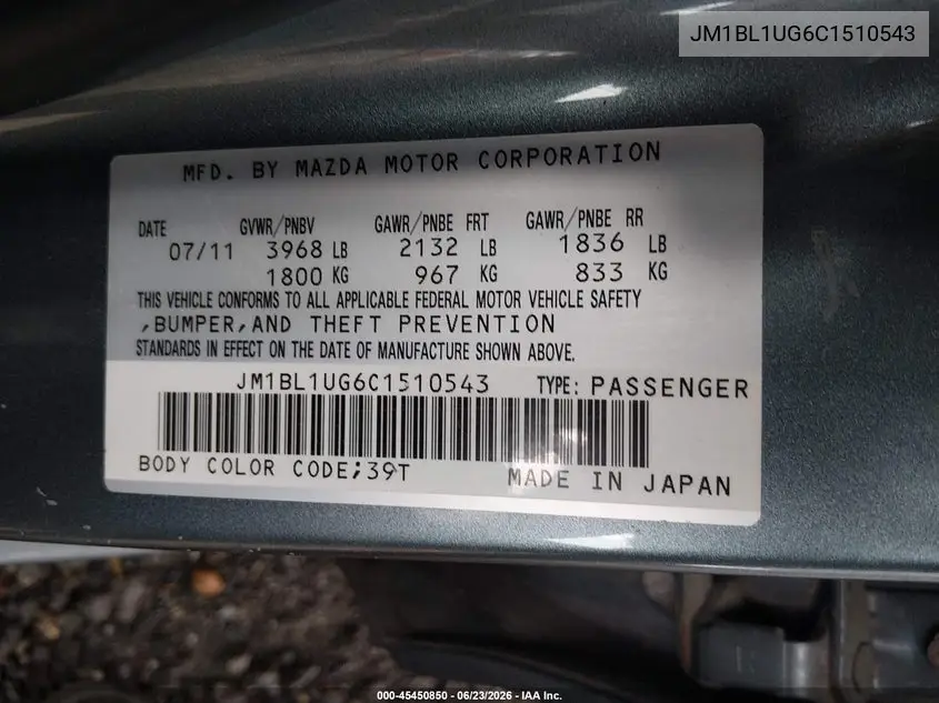 2012 Mazda Mazda3 I Sport VIN: JM1BL1UG6C1510543 Lot: 45450850