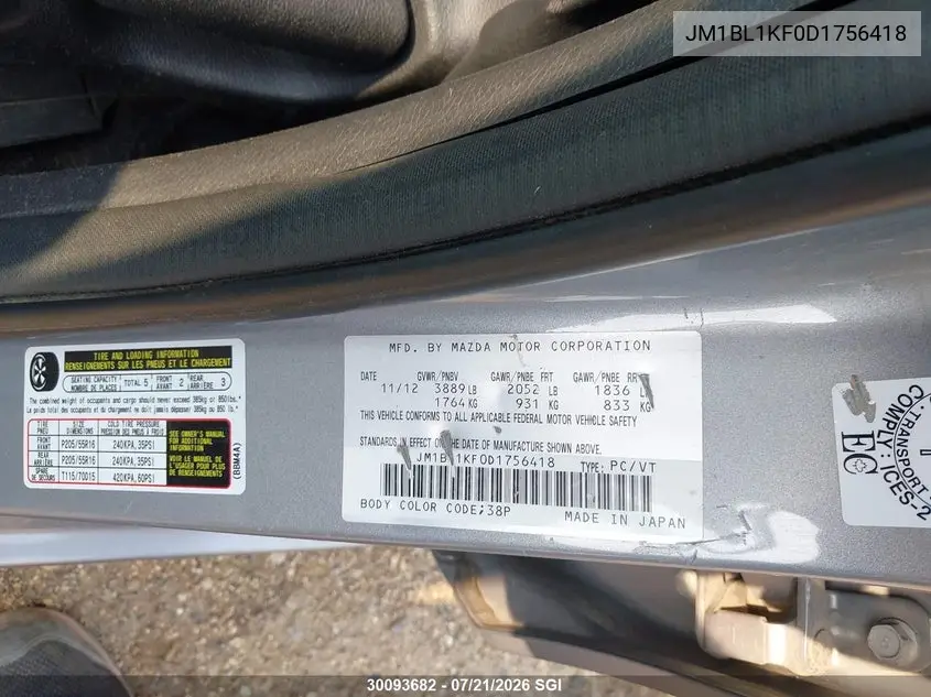 2013 Mazda 3 I VIN: JM1BL1KF0D1756418 Lot: 30093682