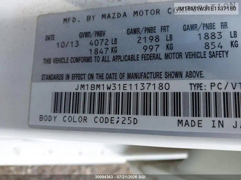2014 Mazda 3 Grand Touring VIN: JM1BM1W31E1137180 Lot: 30094363