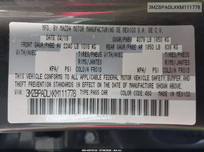 2019 Mazda Mazda3 Preferred Package VIN: 3MZBPADLXKM111778 Lot: 45576134