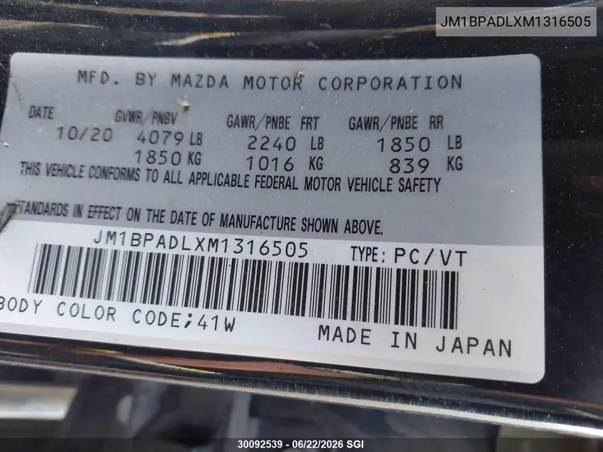 2021 Mazda 3 Premium VIN: JM1BPADLXM1316505 Lot: 30092539