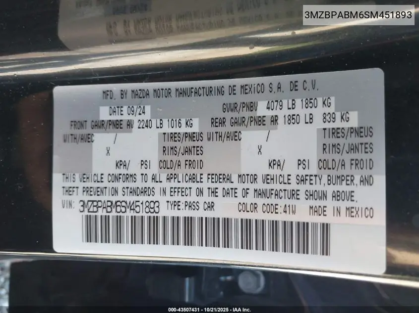 3MZBPABM6SM451893 2025 Mazda Mazda3 2.5 S Select Sport