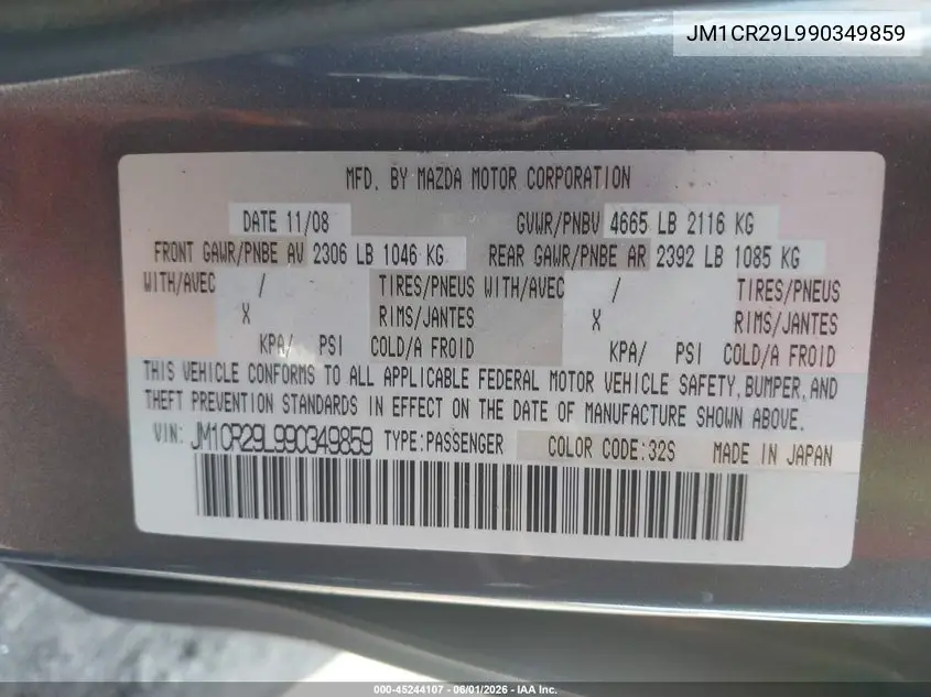 2009 Mazda Mazda5 Grand Touring VIN: JM1CR29L990349859 Lot: 45244107