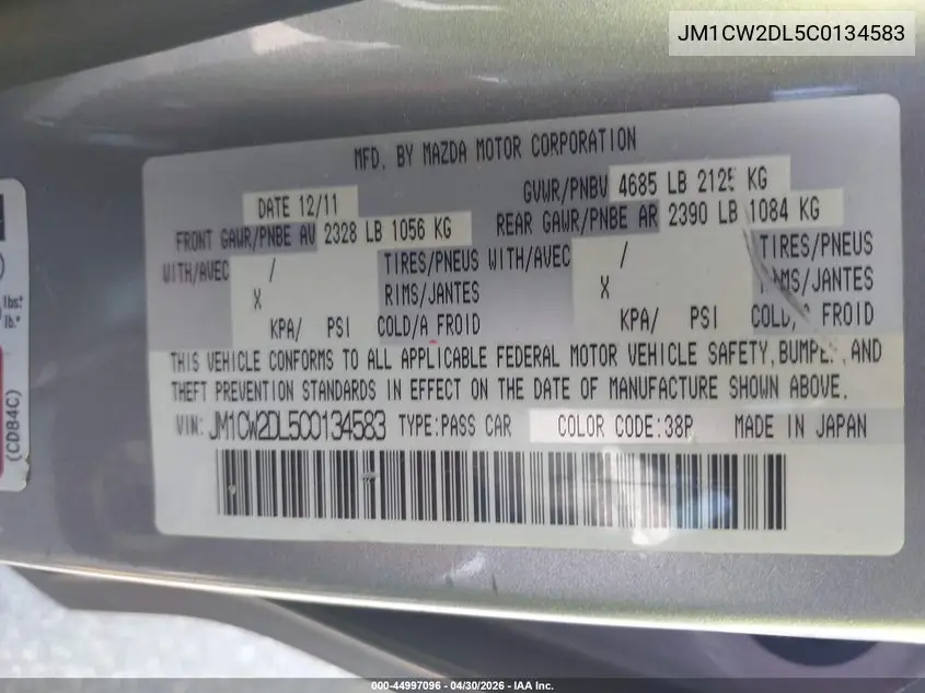 2012 Mazda Mazda5 Grand Touring VIN: JM1CW2DL5C0134583 Lot: 44997096