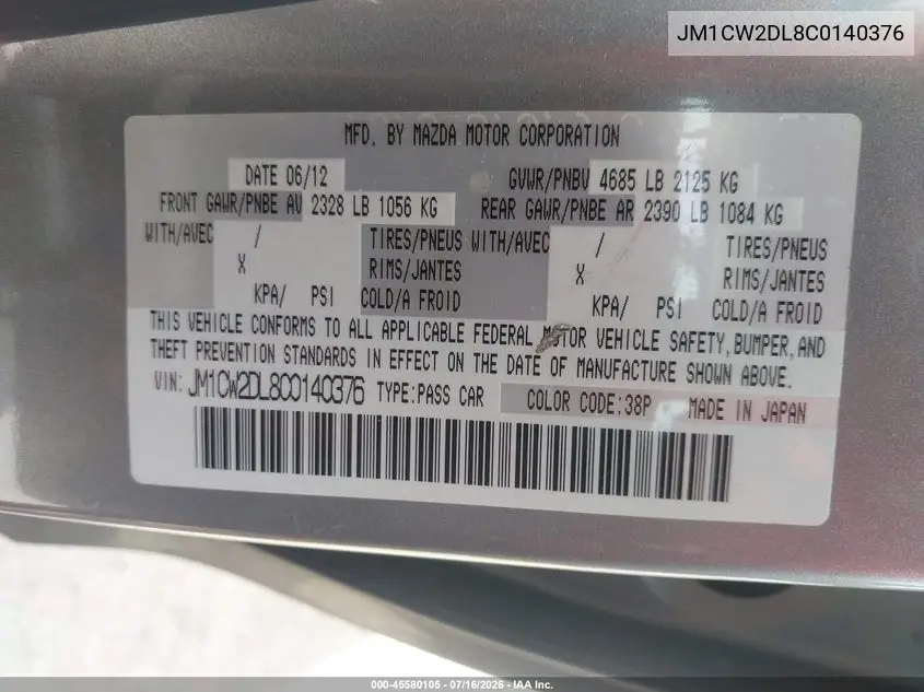 2012 Mazda Mazda5 Grand Touring VIN: JM1CW2DL8C0140376 Lot: 45580105