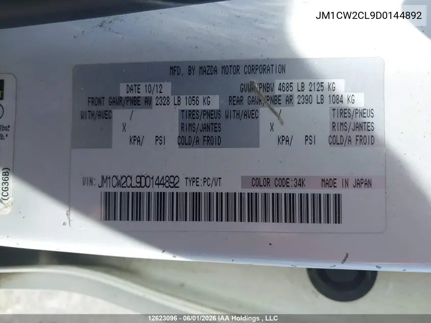2013 Mazda 5 VIN: JM1CW2CL9D0144892 Lot: 12623096