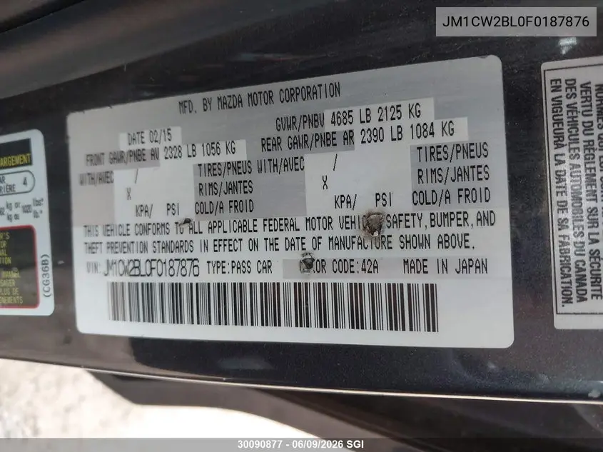 2015 Mazda 5 Sport VIN: JM1CW2BL0F0187876 Lot: 30090877