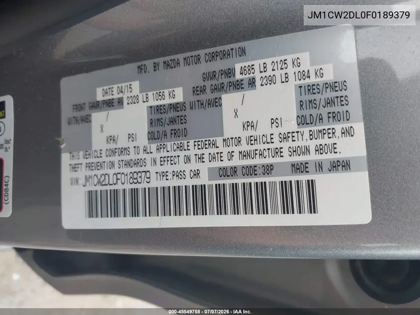 2015 Mazda Mazda5 Grand Touring VIN: JM1CW2DL0F0189379 Lot: 45549758