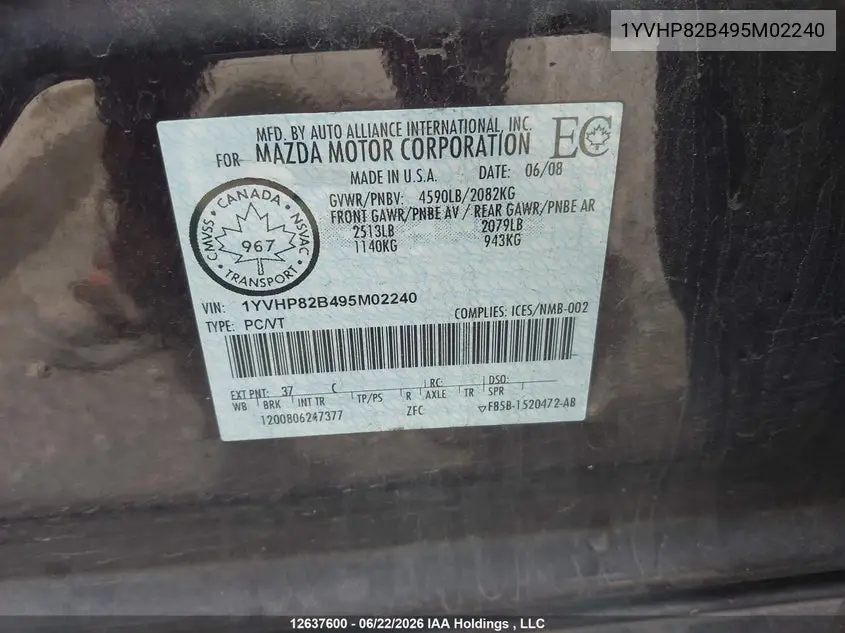 2009 Mazda 6 S VIN: 1YVHP82B495M02240 Lot: 12637600