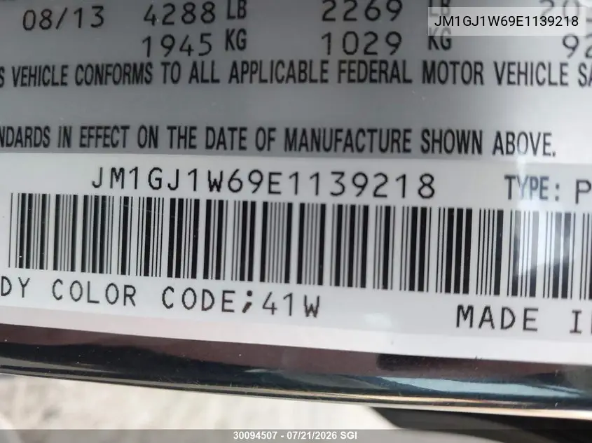 2014 Mazda 6 Grand Touring VIN: JM1GJ1W69E1139218 Lot: 30094507