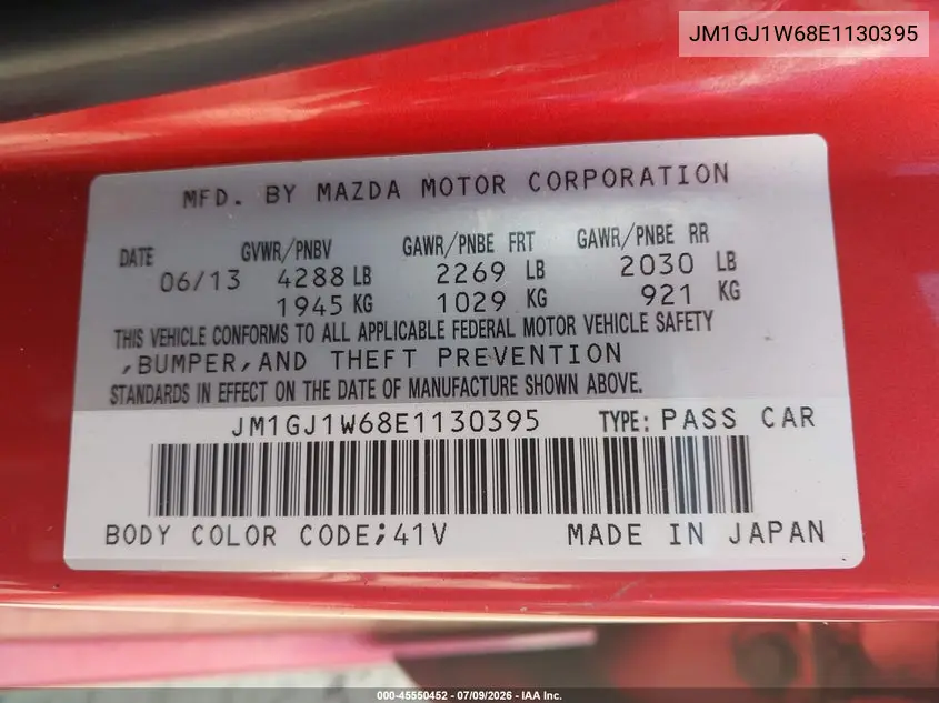 2014 Mazda Mazda6 I Grand Touring VIN: JM1GJ1W68E1130395 Lot: 45550452
