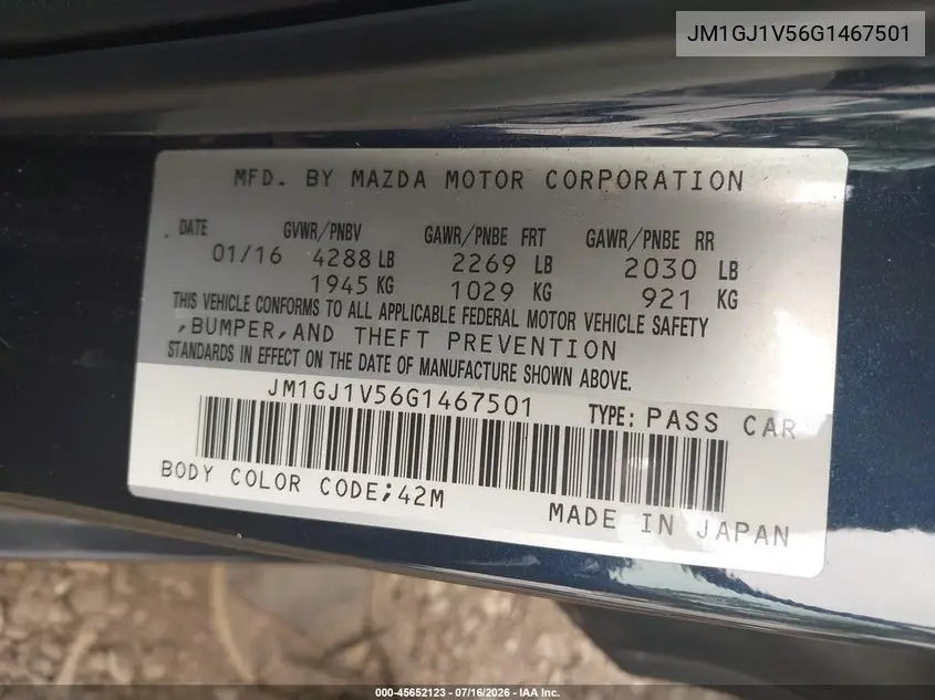 2016 Mazda Mazda6 I Touring VIN: JM1GJ1V56G1467501 Lot: 45652123