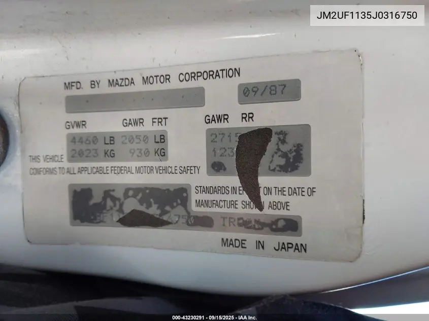 1988 Mazda B2200 Short Bed VIN: JM2UF1135J0316750 Lot: 43230291