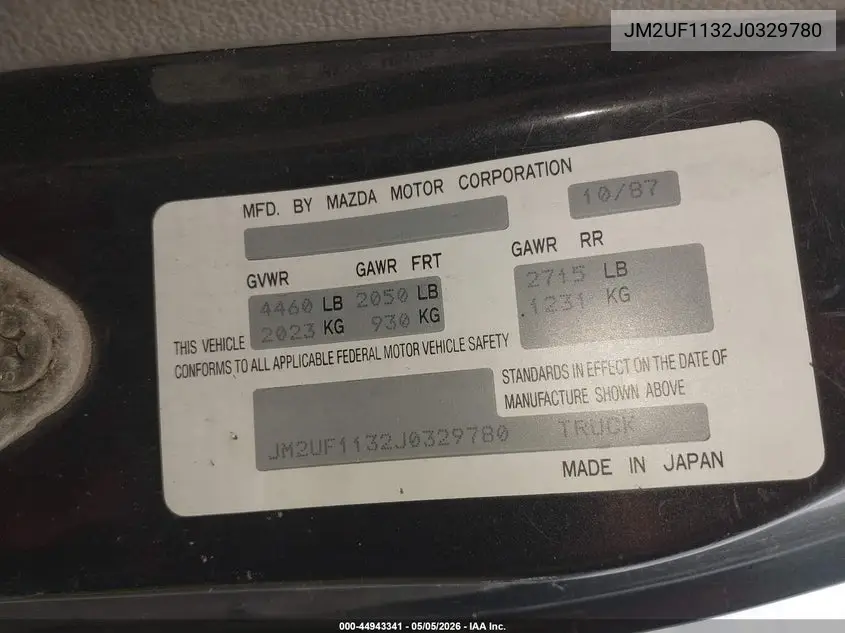 1988 Mazda B2200 Short Bed VIN: JM2UF1132J0329780 Lot: 44943341