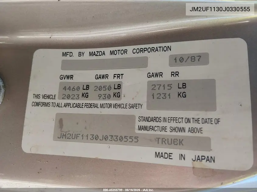 1988 Mazda B2200 Short Bed VIN: JM2UF1130J0330555 Lot: 45355799