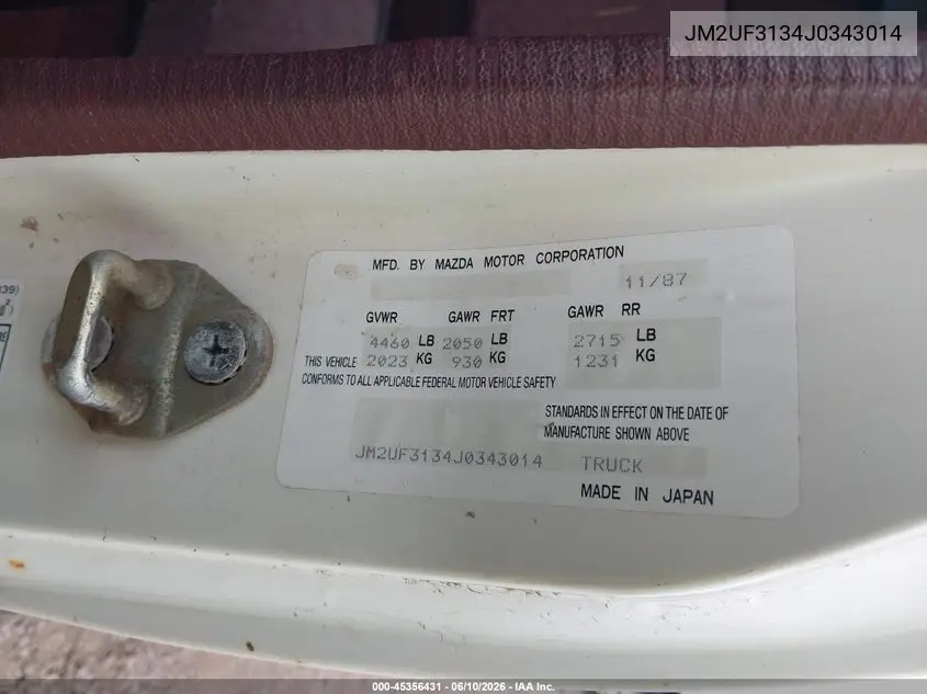 1988 Mazda B2200 Cab Plus VIN: JM2UF3134J0343014 Lot: 45356431