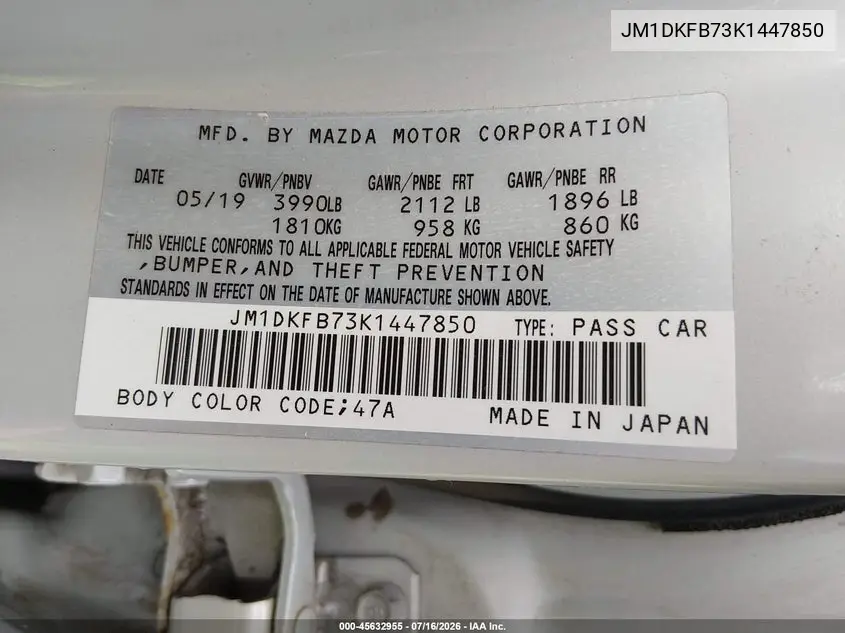 2019 Mazda Cx-3 Sport VIN: JM1DKFB73K1447850 Lot: 45632955
