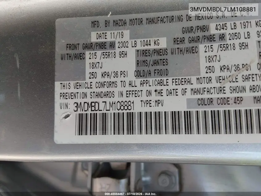 2020 Mazda Cx-30 Preferred Package VIN: 3MVDMBDL7LM108881 Lot: 45584467
