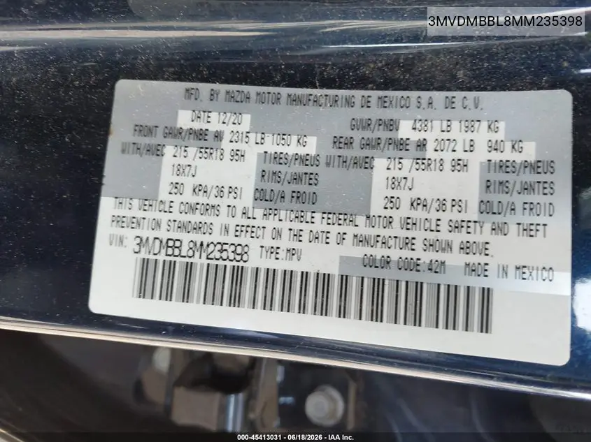 2021 Mazda Cx-30 Select VIN: 3MVDMBBL8MM235398 Lot: 45413031