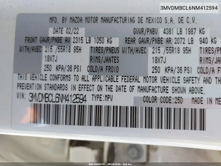 2022 Mazda Cx-30 Preferred VIN: 3MVDMBCL6NM412594 Lot: 45463101