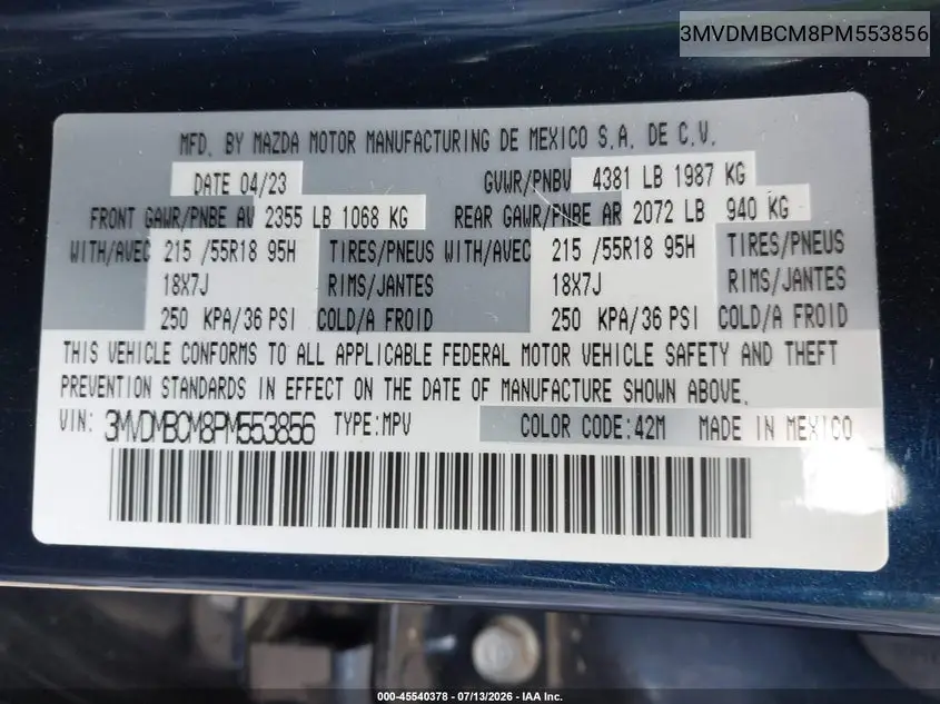 2023 Mazda Cx-30 2.5 S Preferred VIN: 3MVDMBCM8PM553856 Lot: 45540378