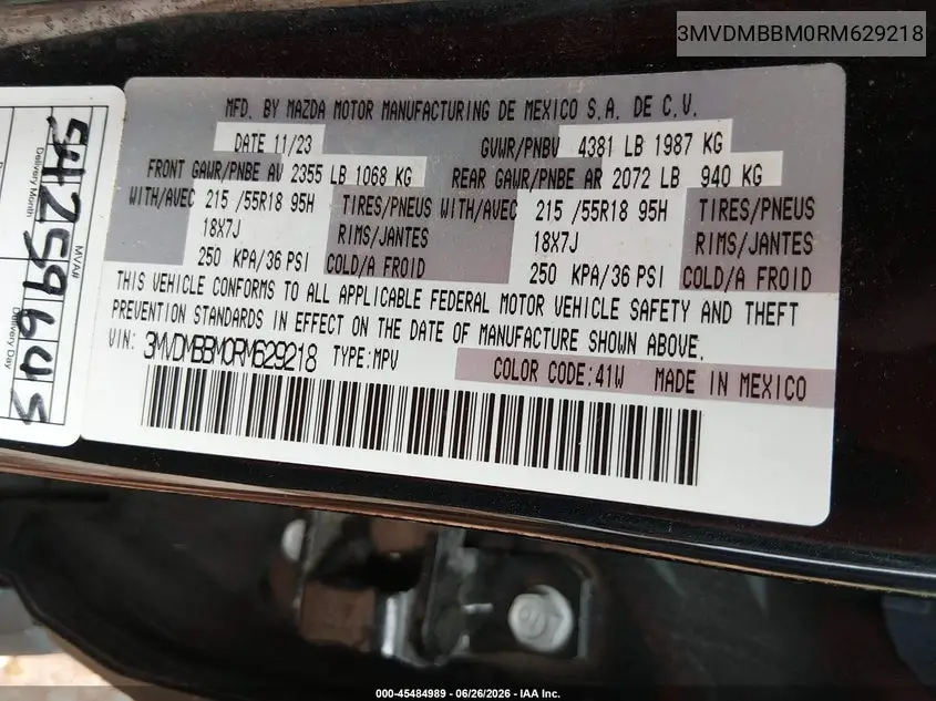 2024 Mazda Cx-30 2.5 S Select Sport VIN: 3MVDMBBM0RM629218 Lot: 45484989